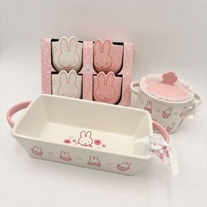 Miffy by Magenta Pink Ceramic Loaf Pan Lidded Pot and 4pc Ramekin Set New
